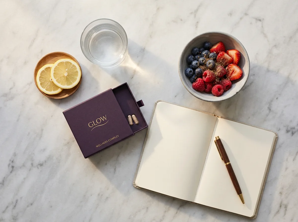 Wellness morning routine flat lay with supplement box, water and fresh ingredients